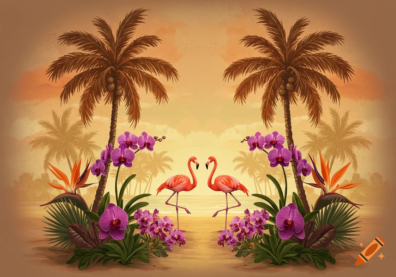 Two pink flamingos stand on a sandy beach between two large palm trees, with purple orchids and other tropical plants.