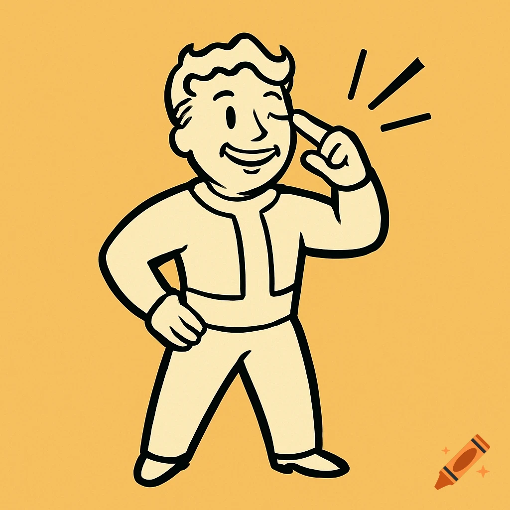 A cartoon character winks and points to his temple, in the style of Fallout's Vault Boy, on a yellow background.