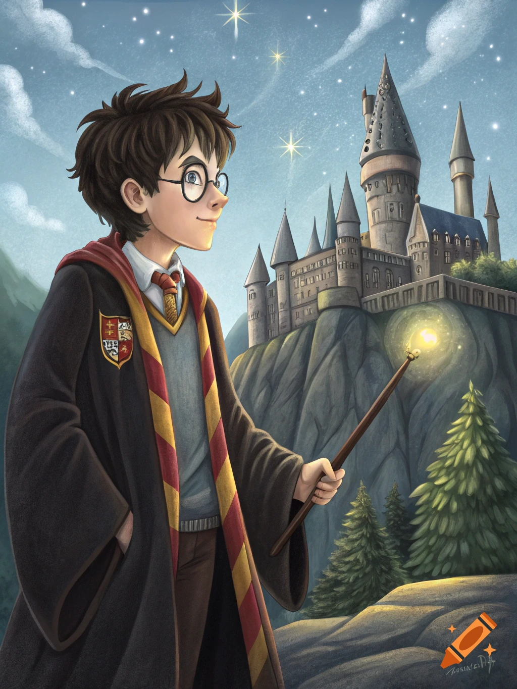 Illustration of Harry Potter in robes, holding a glowing wand, with Hogwarts Castle in the background under a starry sky.