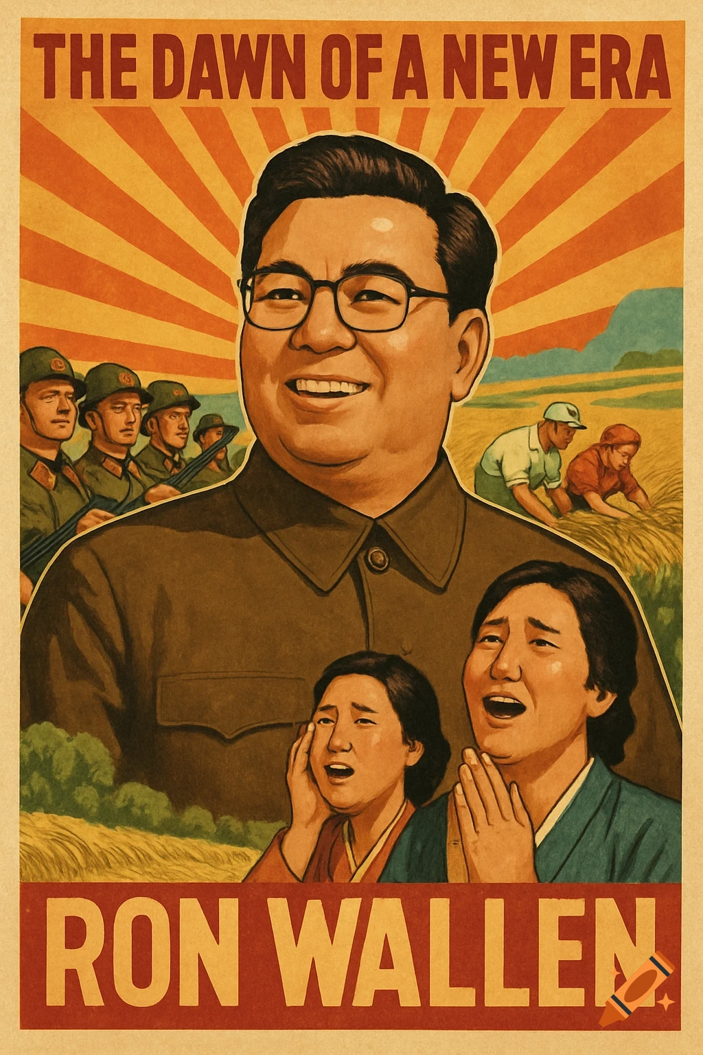 A vintage-style propaganda poster featuring a smiling man with soldiers, farmers, and weeping women. Text reads 'THE DAWN OF A NEW ERA' and 'RON WALLEN'.
