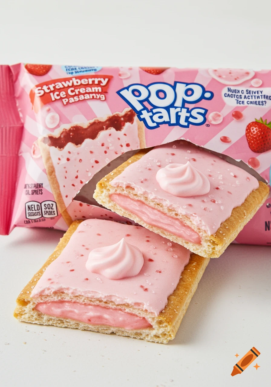 Two strawberry ice cream Pop-Tarts, one cut open, on a white surface with pink packaging in the background.