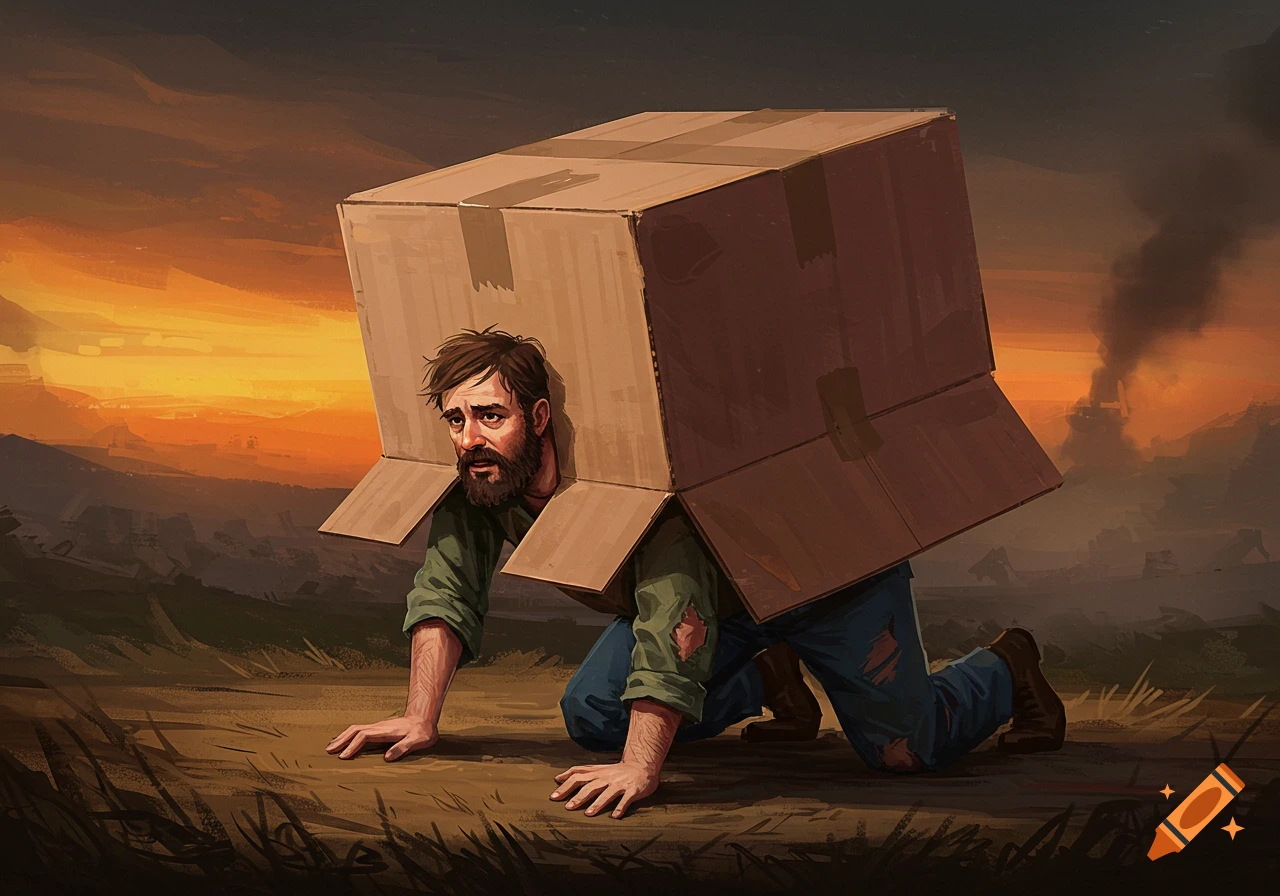 A digital painting of a distraught man crawling on all fours, burdened by a large cardboard box over his torso, in a desolate landscape at sunset.