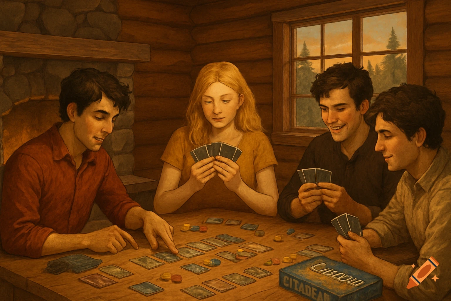 Four young people playing a board game in a cozy log cabin, with a fireplace and a window showing trees outside.