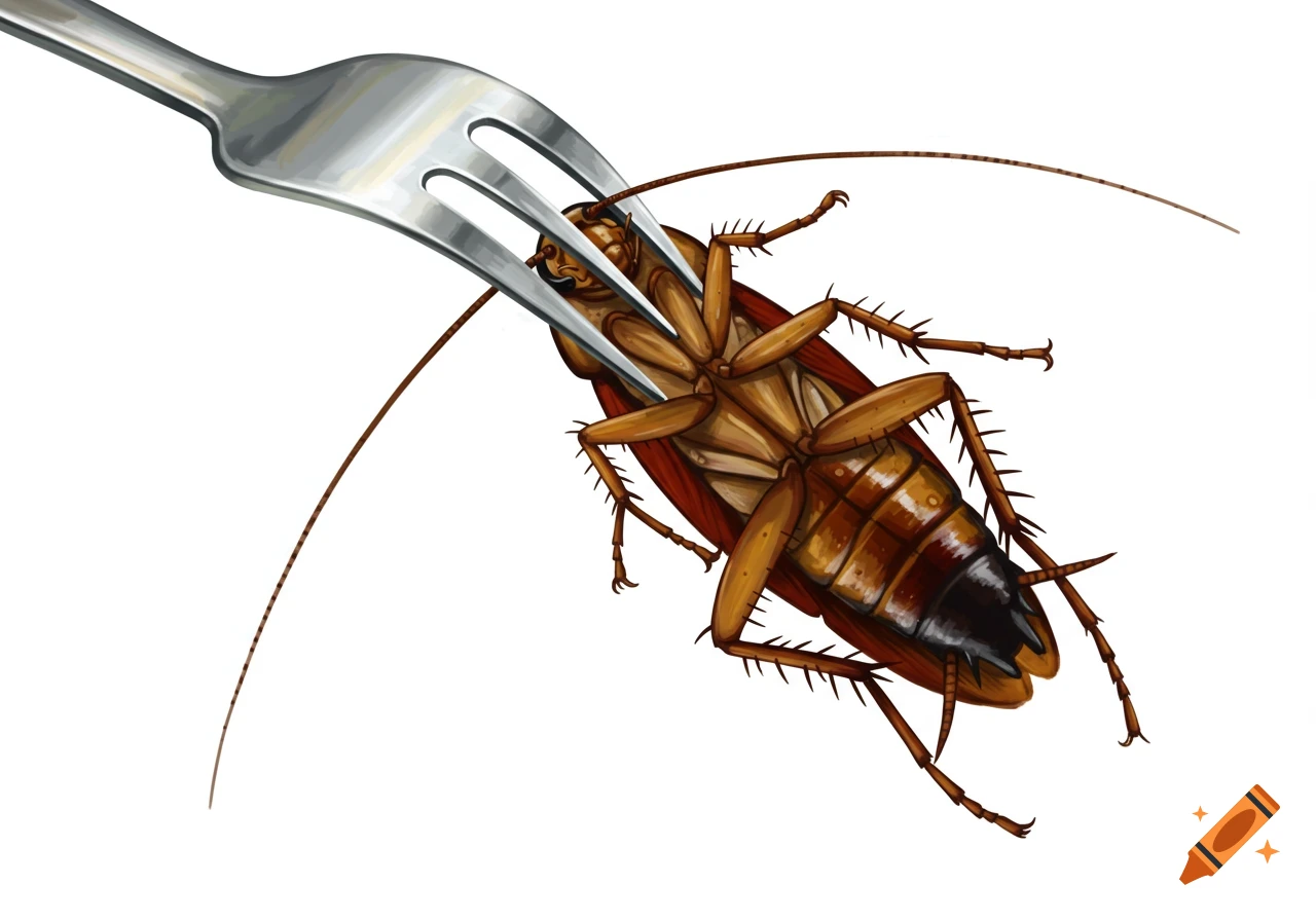An illustration of a cockroach being pierced by a silver fork against a white background.