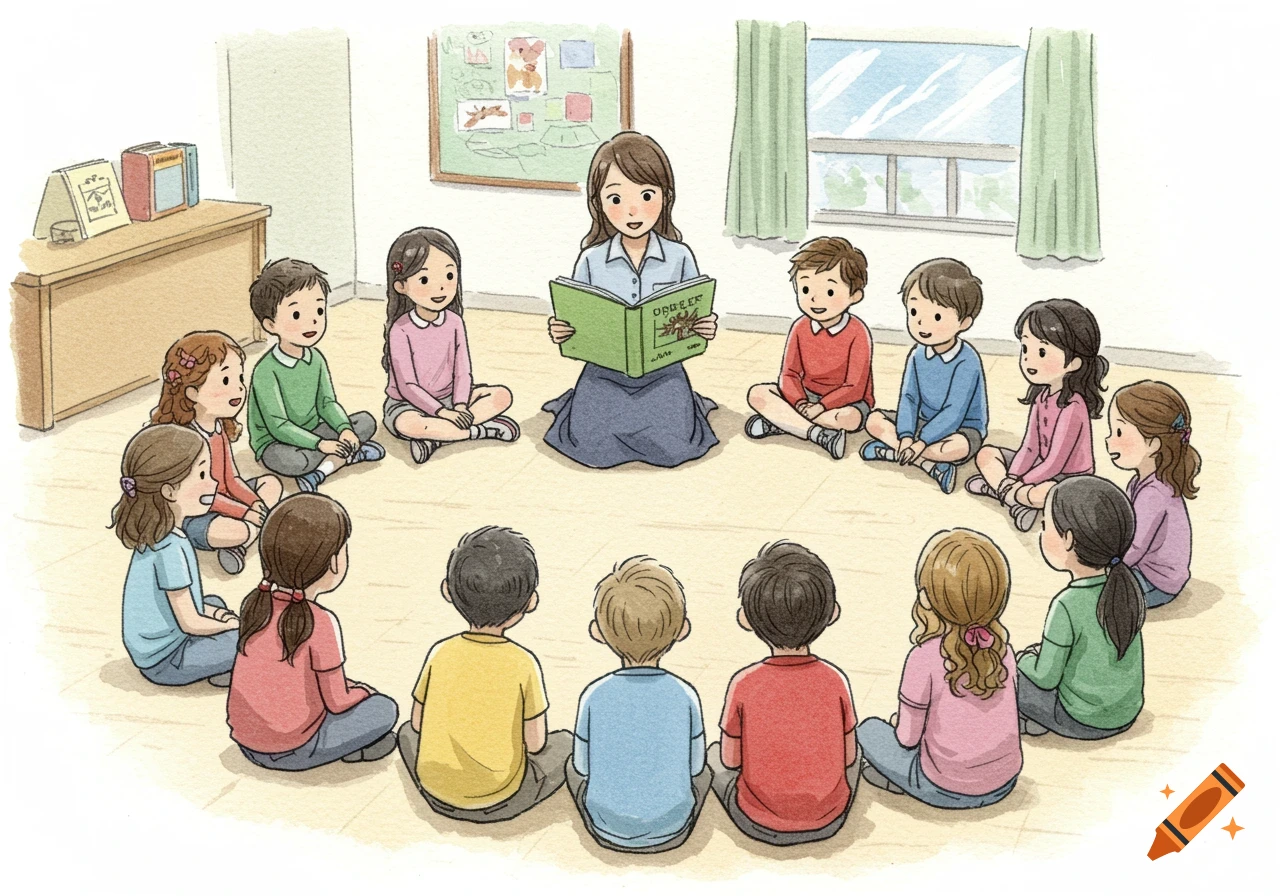 A watercolor illustration of a teacher reading a book to a circle of children sitting on the floor in a classroom.