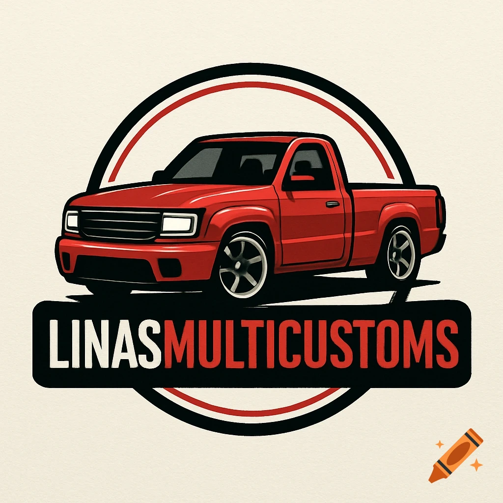 A stylized logo featuring a red custom pickup truck within a black and red circle, with the words "LINASMULTICUSTOMS" on a black banner below.