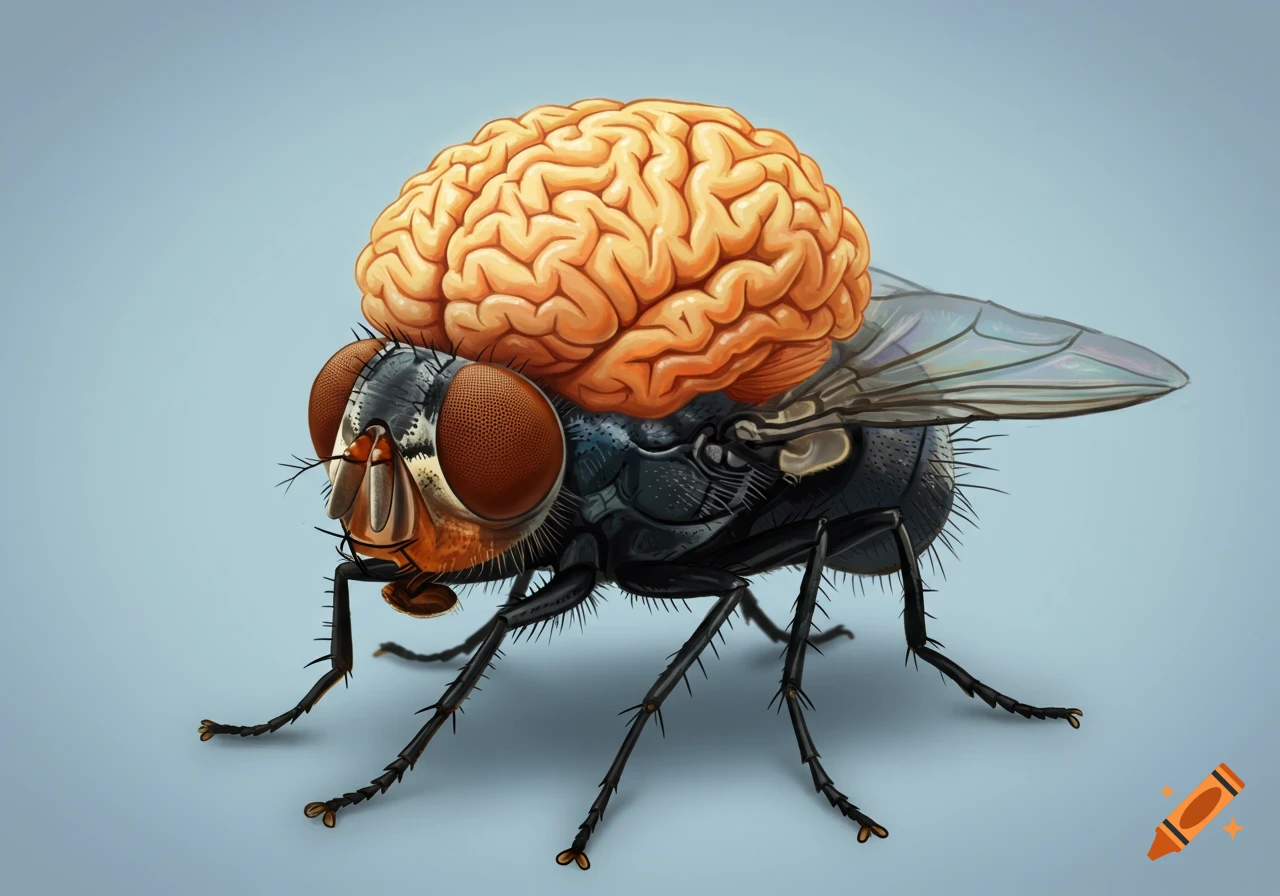 An illustration of a fly with a human brain on its back, viewed from the side.