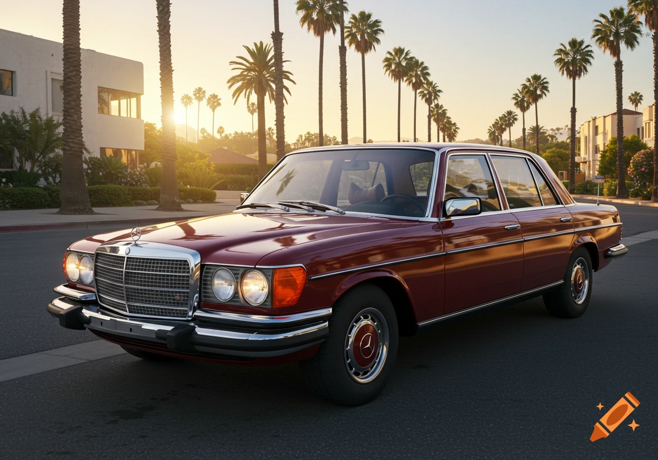 A photorealistic image of a vintage red Mercedes-Benz sedan on a street lined with palm trees at sunset.