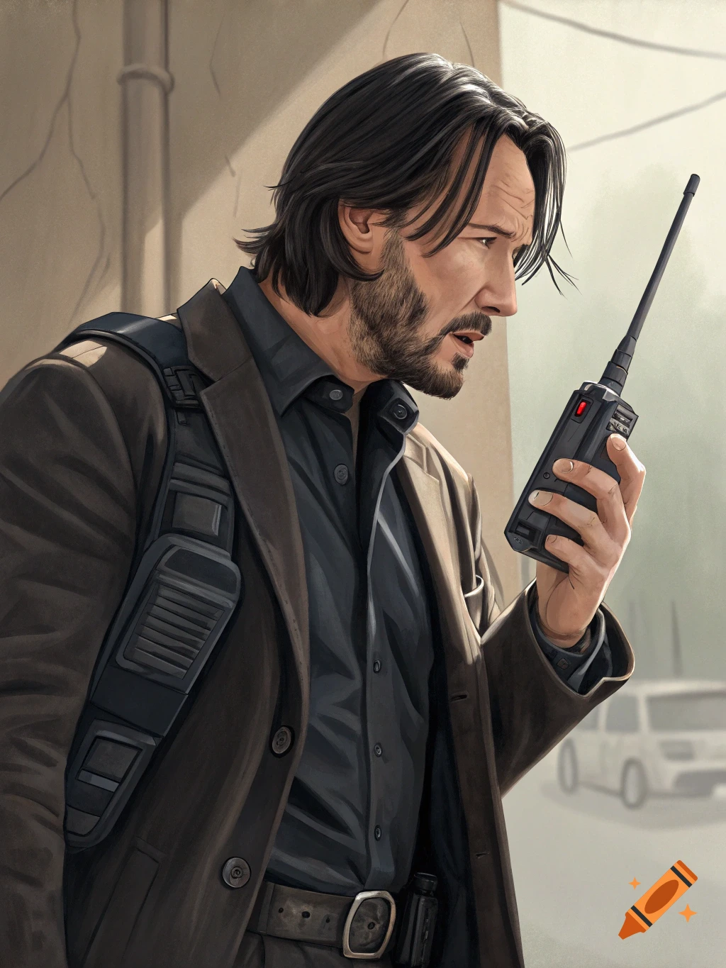 Illustration of Keanu Reeves with a beard and long hair, wearing a brown jacket and black shirt, holding a walkie-talkie.