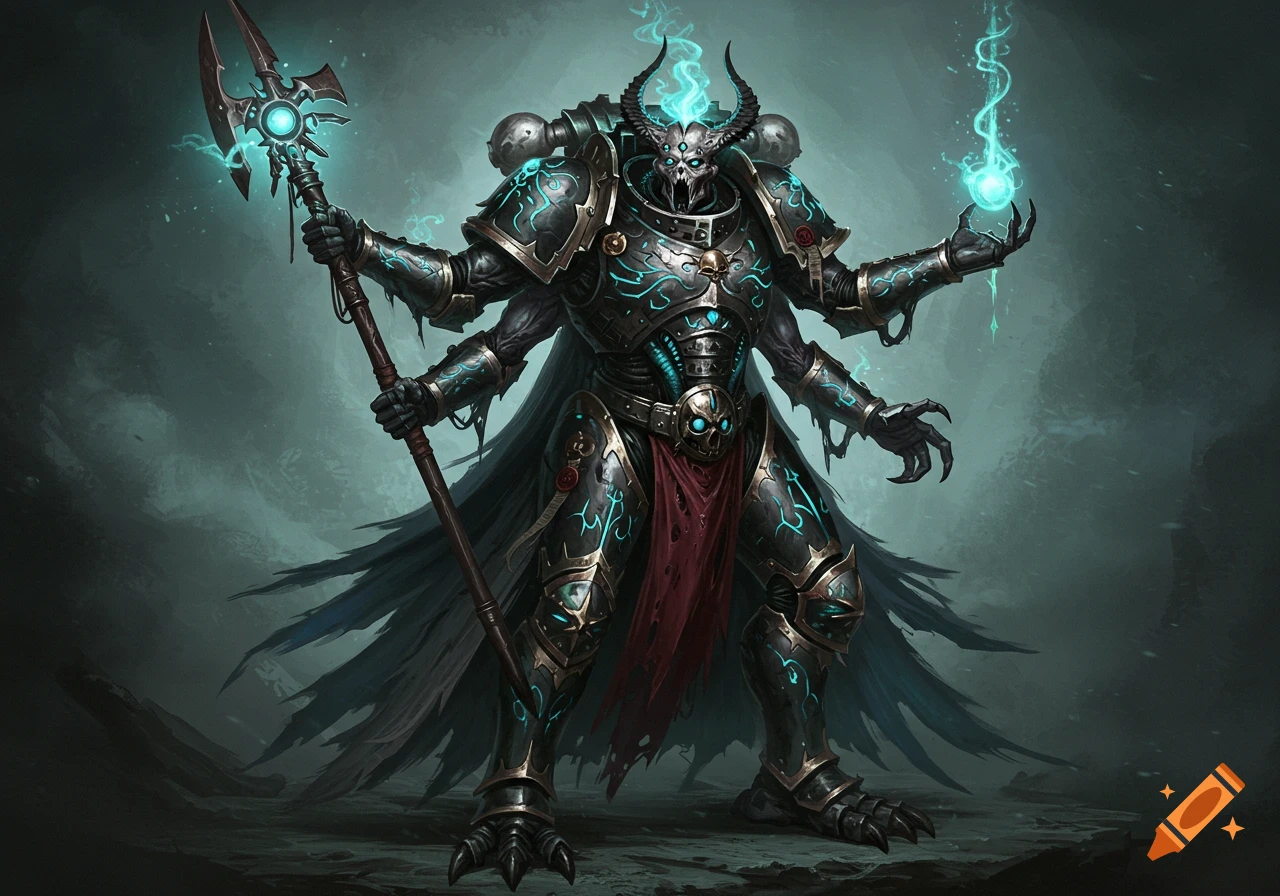 A monstrous four-armed sorcerer in dark, glowing power armor with a skull-like face and horns, holding a glowing staff.