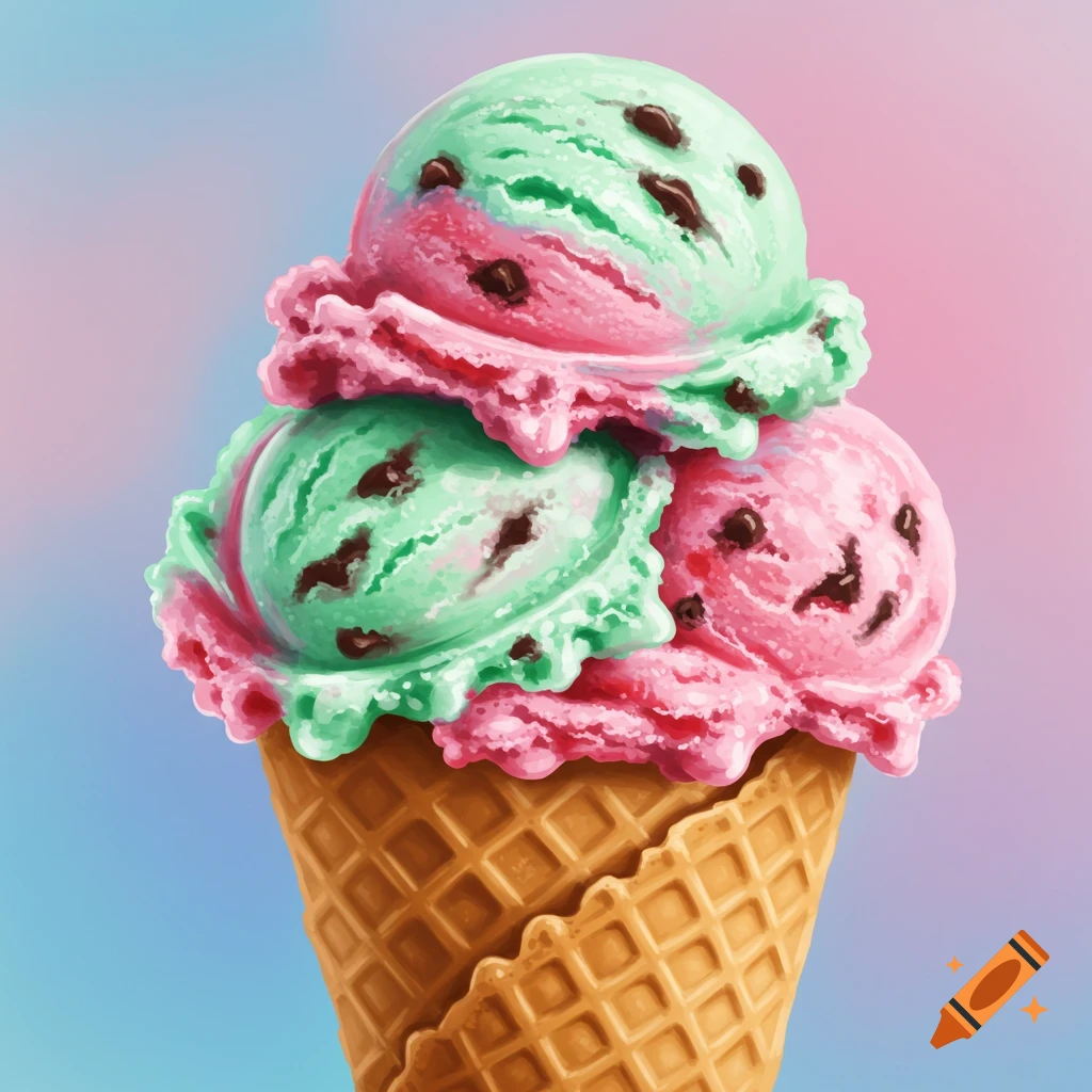 A waffle cone holds three scoops of ice cream: two mint green with chocolate chips, and one pink strawberry with chocolate chips. The background is a soft pink and blue gradient.