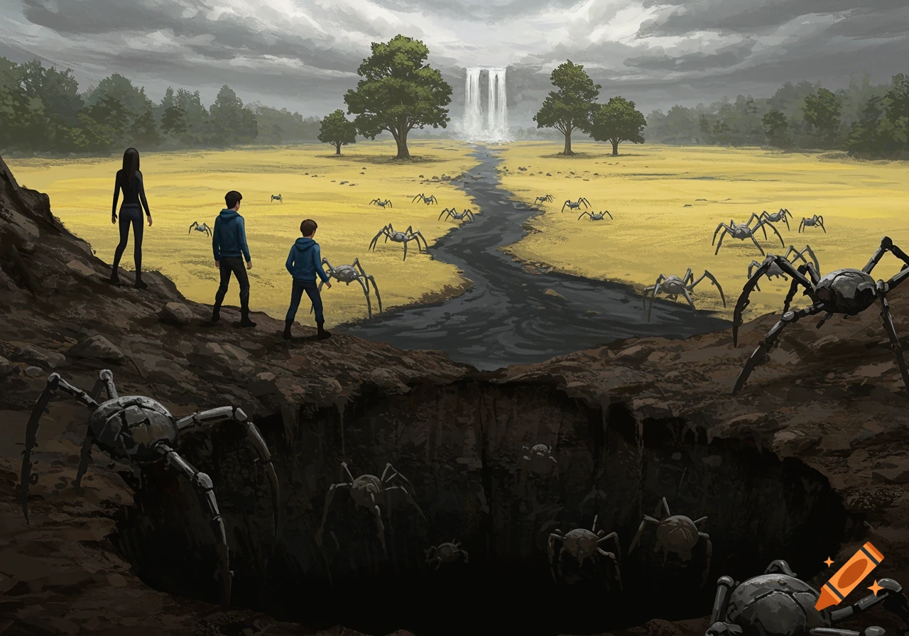 Illustration: Three people on a hill overlook a field with a black river, waterfall, and robotic spiders emerging from a hole.
