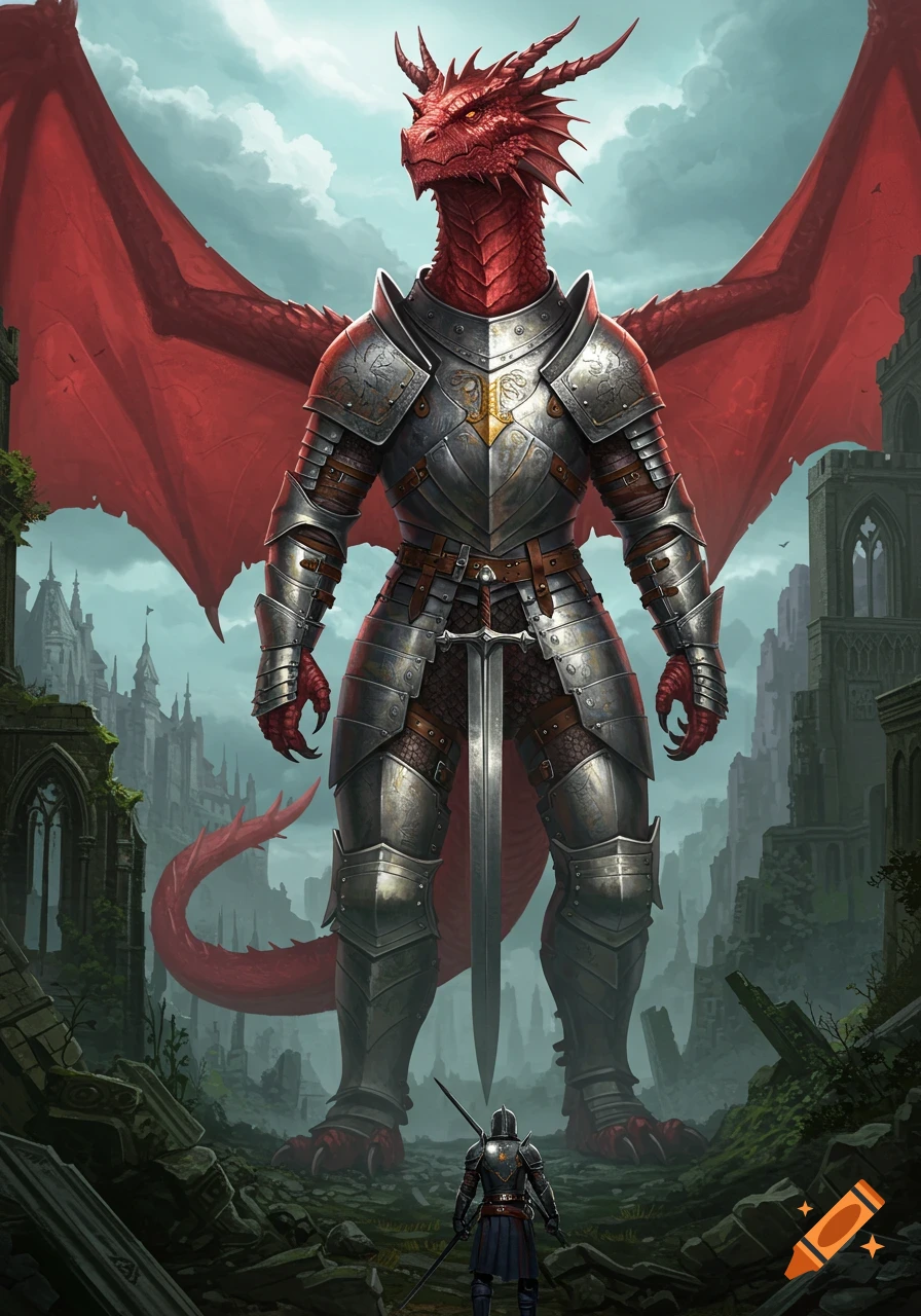 A massive red armored dragon stands over a small knight in a ruined castle setting, in a detailed fantasy art style.