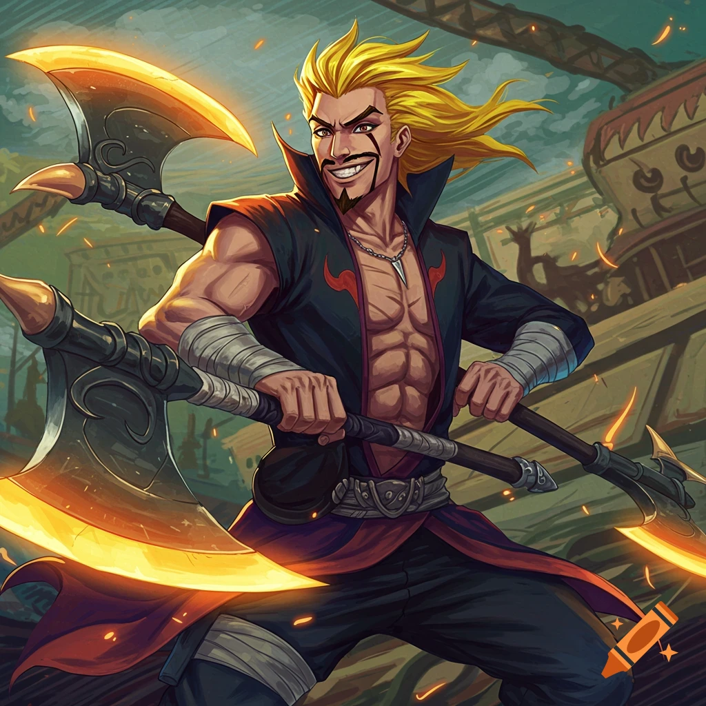 A muscular man with long blonde hair, a goatee, and an open jacket, grinning while holding two glowing axes in an anime style.