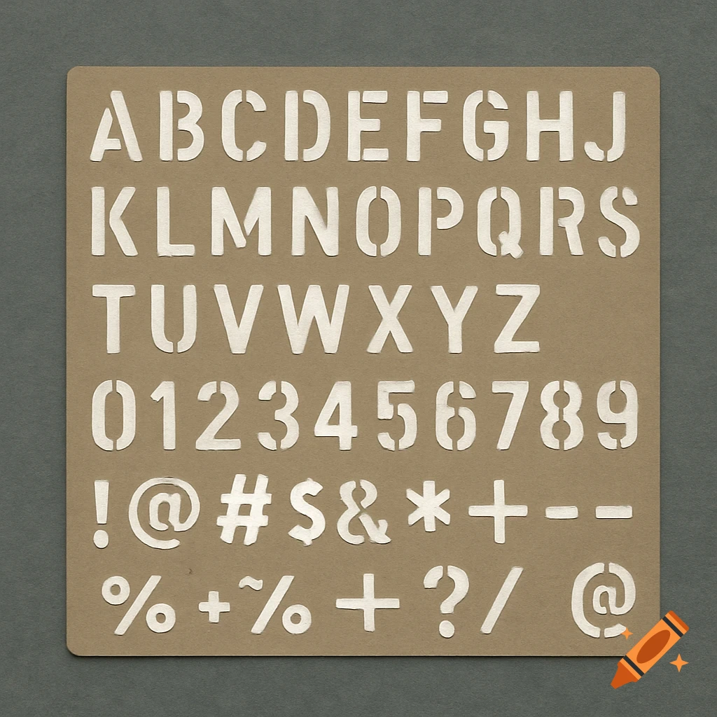 A brown cardboard stencil featuring capital letters A-Z, numbers 0-9, and various symbols and punctuation marks.