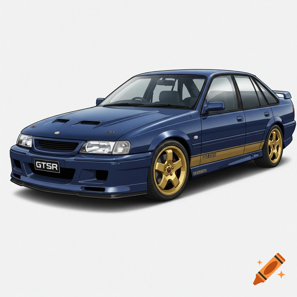 A blue Holden GTSR sedan with gold stripes and gold wheels, depicted in a clean, illustrative style.