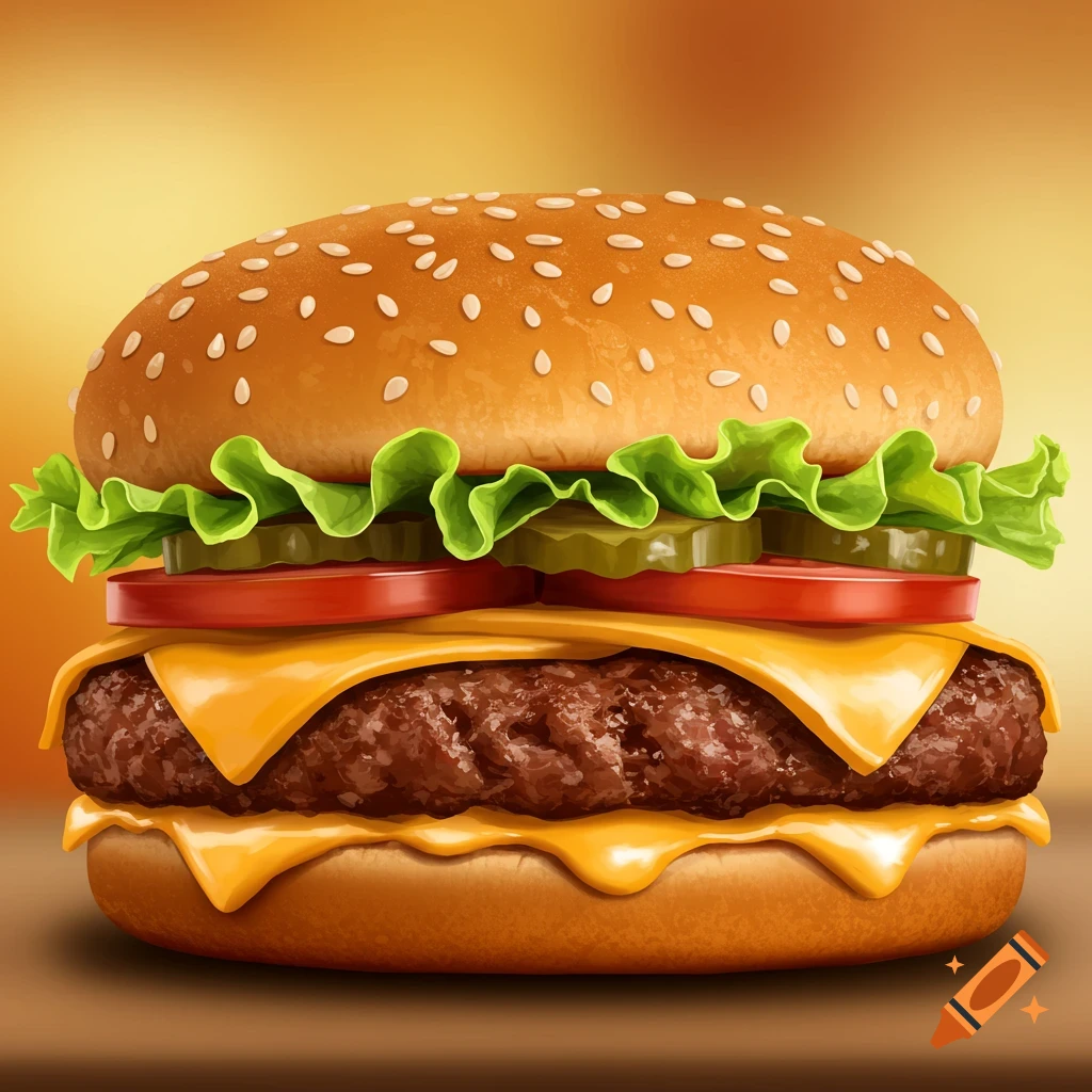 Close-up of a stylized, vibrant burger with sesame bun, lettuce, pickles, tomatoes, a thick patty, and melted cheese.