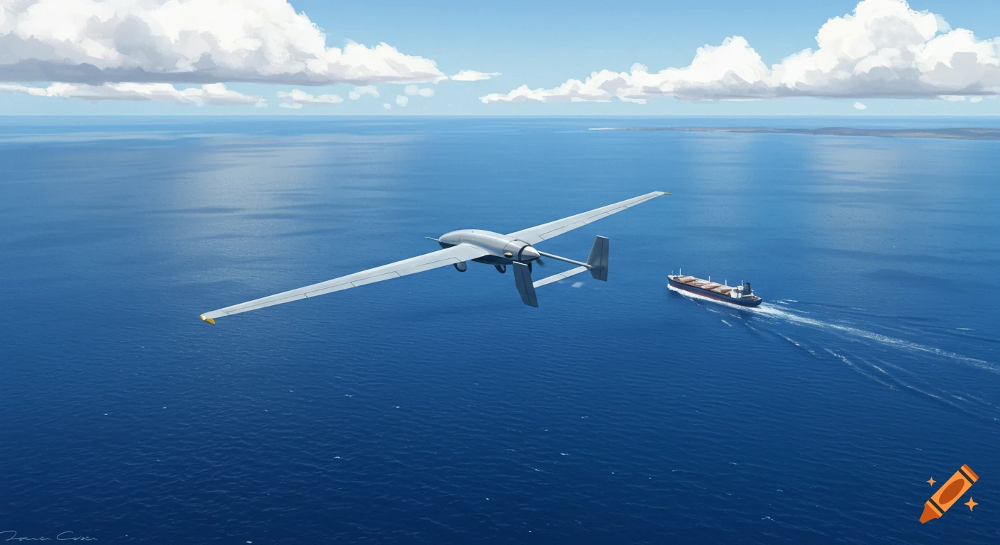 An aerial view of a gray drone flying over a vast blue ocean with a cargo ship in the distance under a clear sky.
