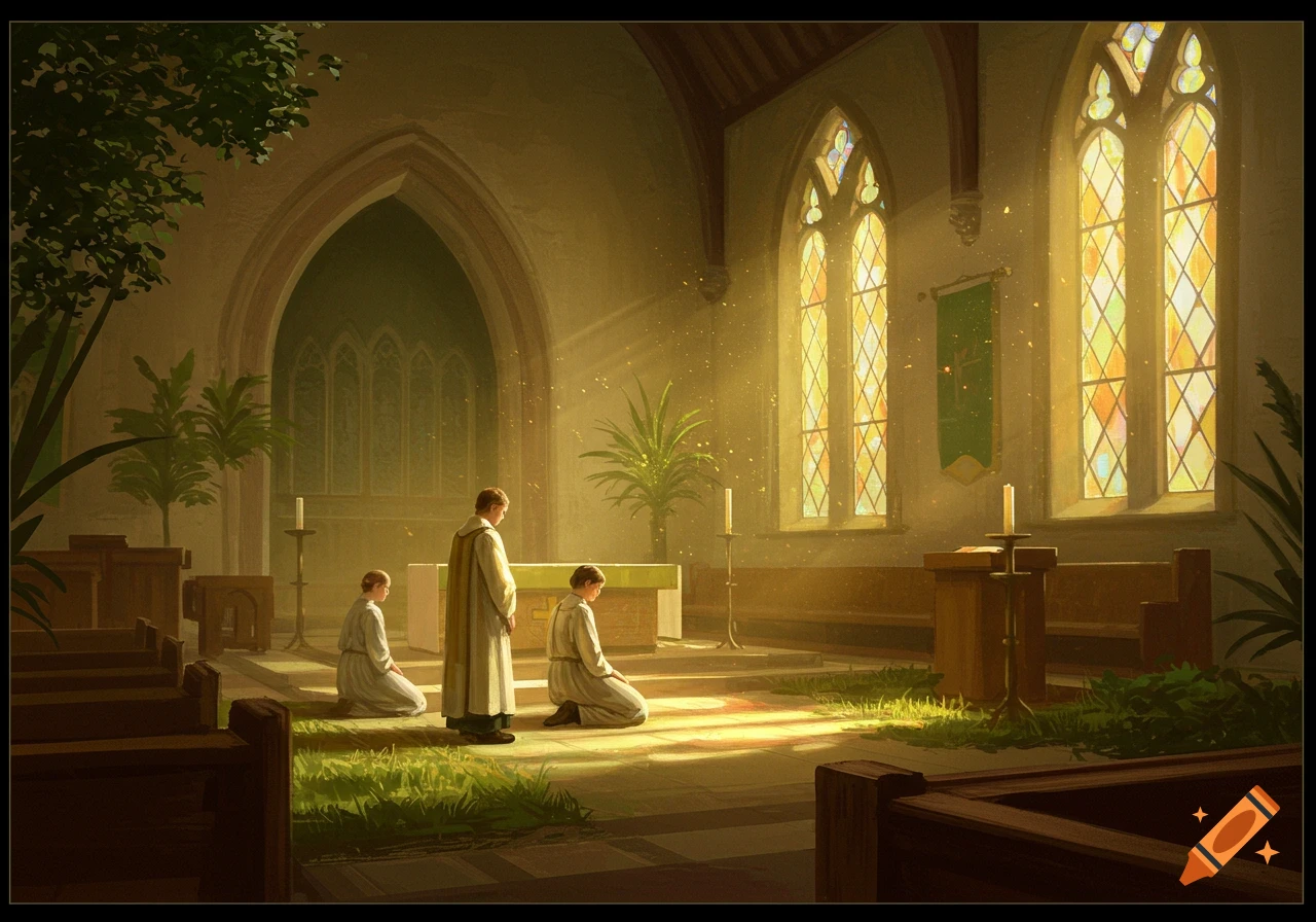 Three figures in religious robes pray in a sunlit church with stained glass windows.