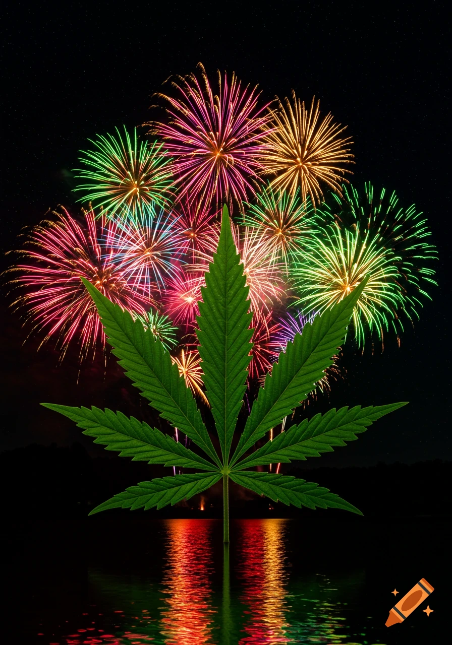 A large green cannabis leaf stands upright with colorful fireworks exploding in the night sky behind it, reflected in the water below.