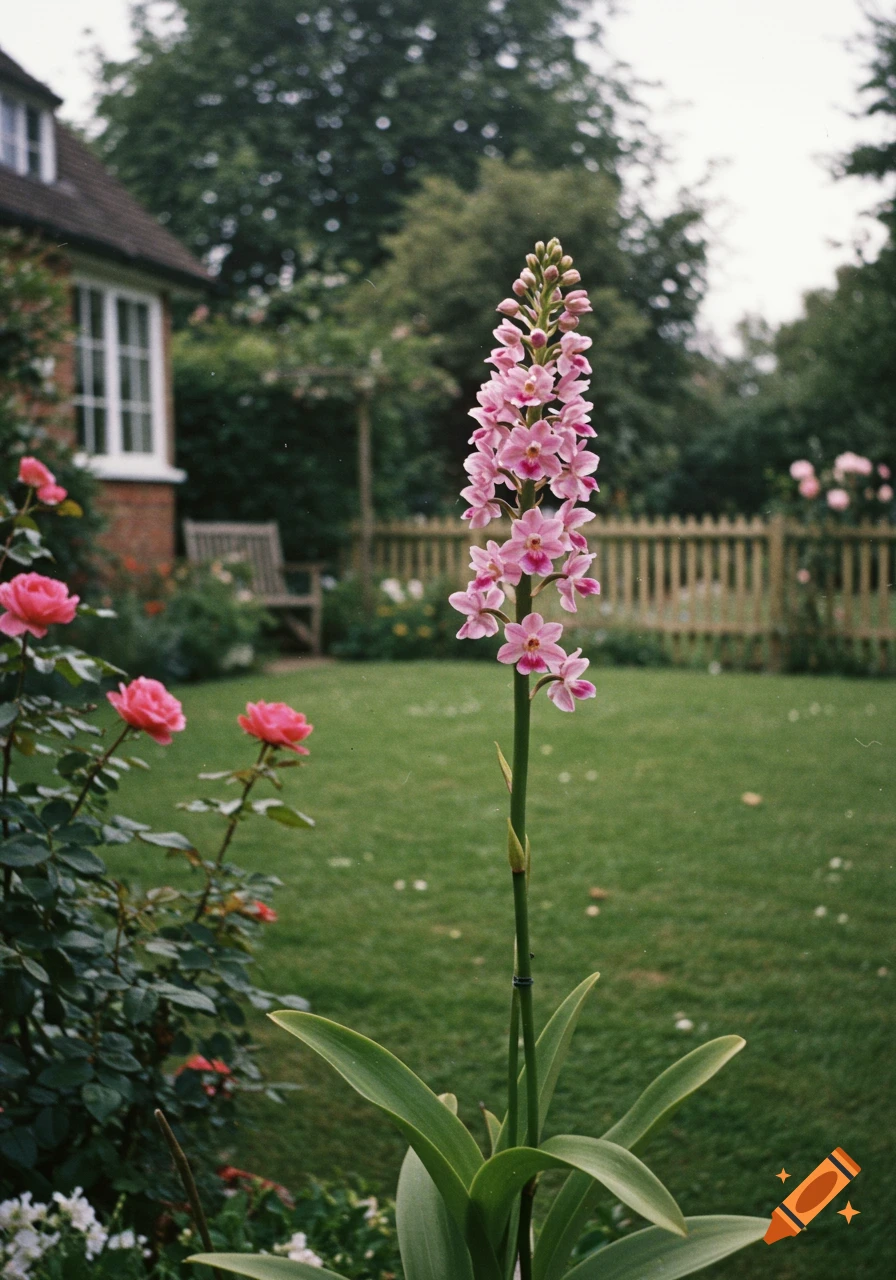 A tall pink orchid stands prominently in a lush 1950s English back garden, with roses and a house in the background.
