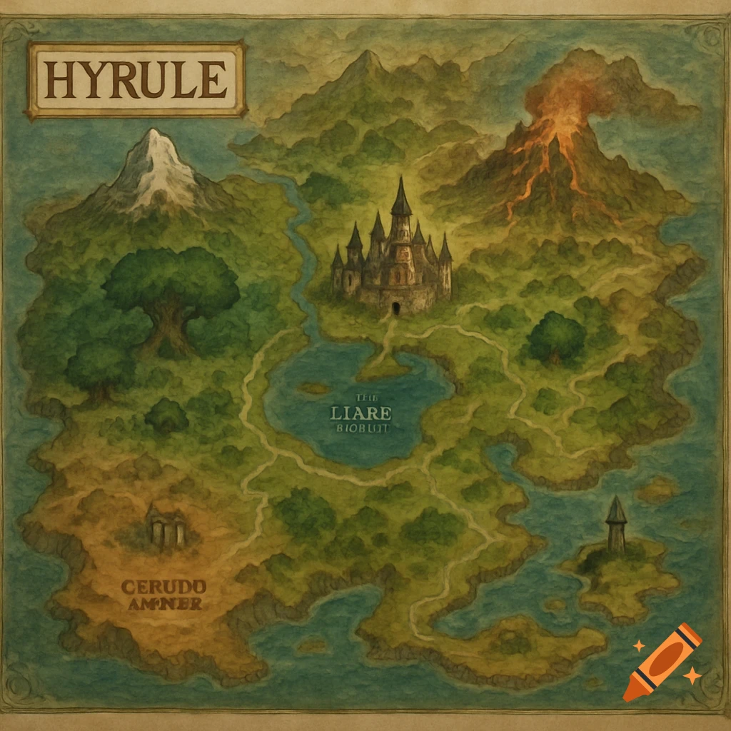 A hand-drawn fantasy map featuring a castle, mountains, a volcano, and labeled regions, in an antique style.