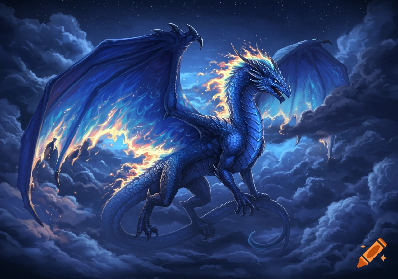 A majestic blue dragon with fiery wings hovers amidst dark clouds in a starry night sky.