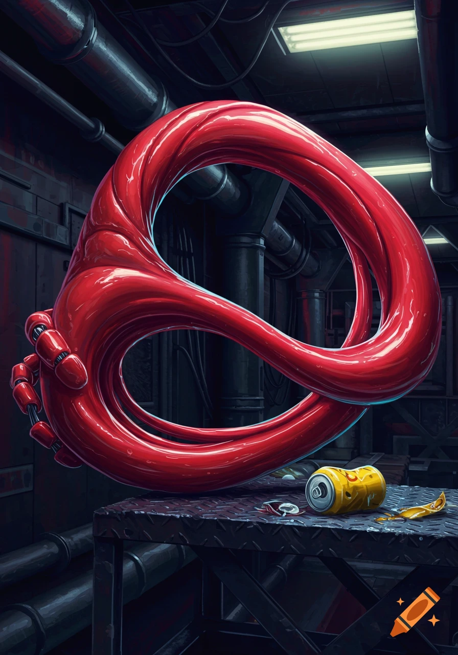 A red, rubbery, tentacle-like robot arm stretches through a dark industrial space to grab a crushed yellow soda can on a metal platform.