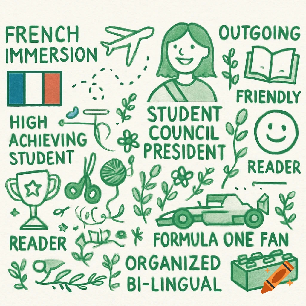 Green doodle art showcasing student interests like French immersion, reading, F1, and student council, with a person, flag, and various objects.