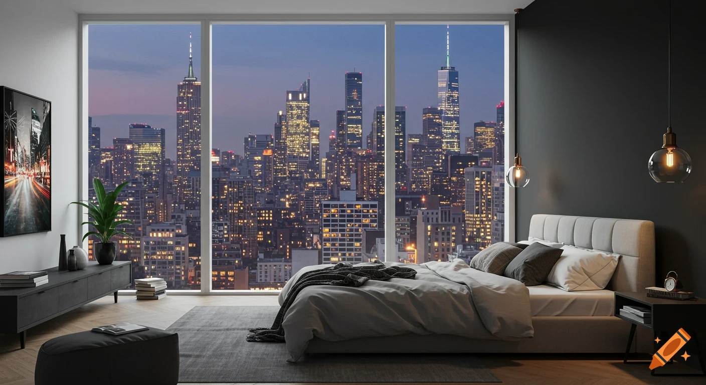 A modern bedroom with large panoramic windows overlooking a vibrant city skyline at dusk, featuring skyscrapers with twinkling lights.