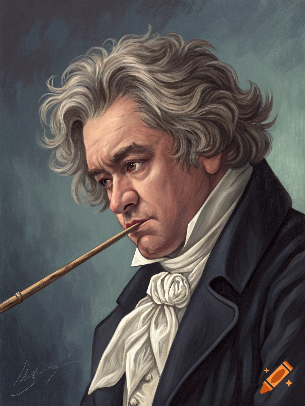 Digital painting of Ludwig van Beethoven with gray curly hair, wearing a dark coat and white cravat, holding a slender rod to his lips.
