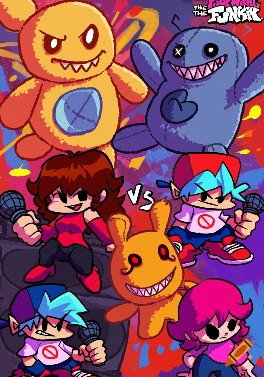 Cartoon illustration of Friday Night Funkin' characters Boyfriend and Girlfriend facing off against three colorful plushie monsters.