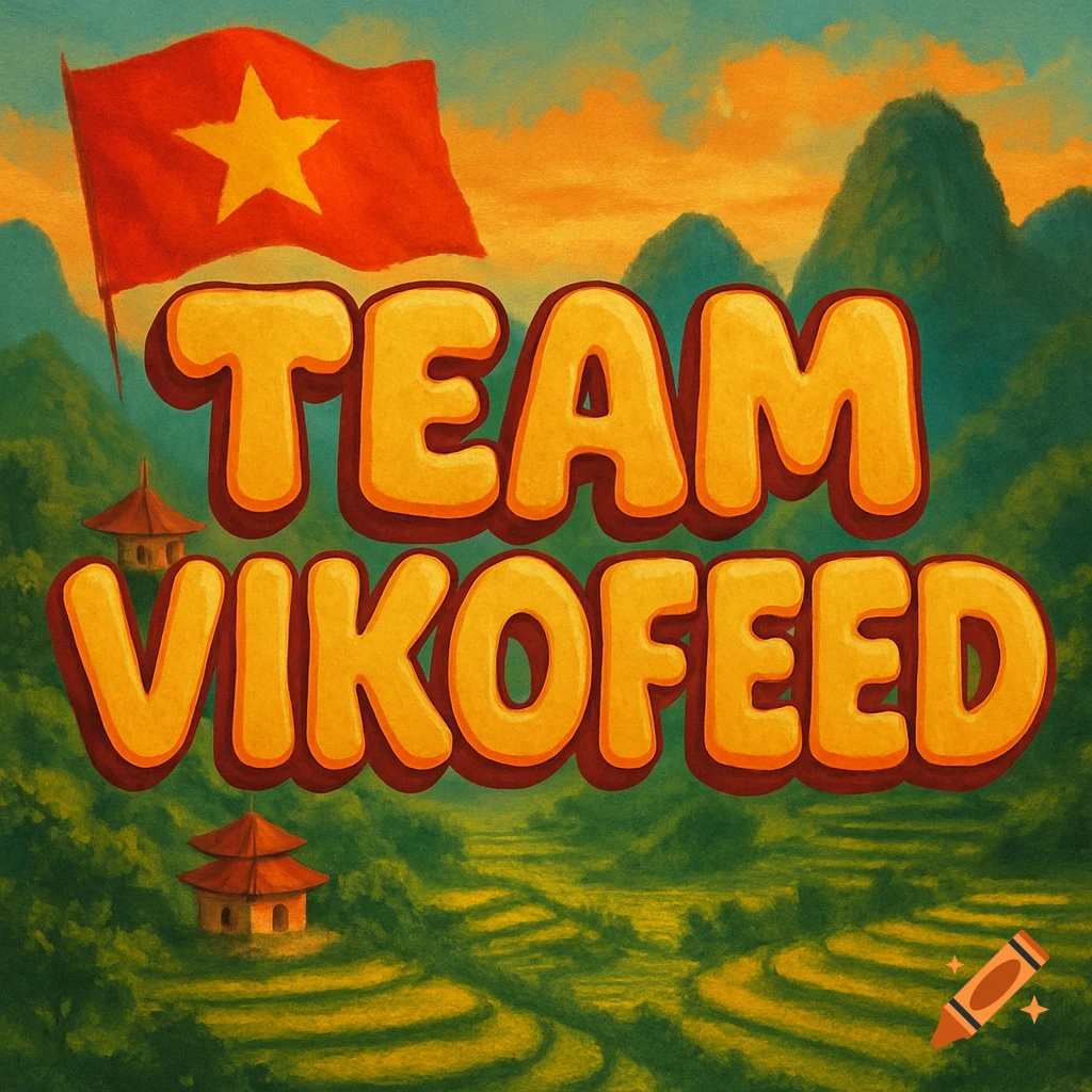 Bubble font text 'TEAM VIKOFEED' over a painting of a Vietnamese landscape with mountains, rice terraces, and flag.