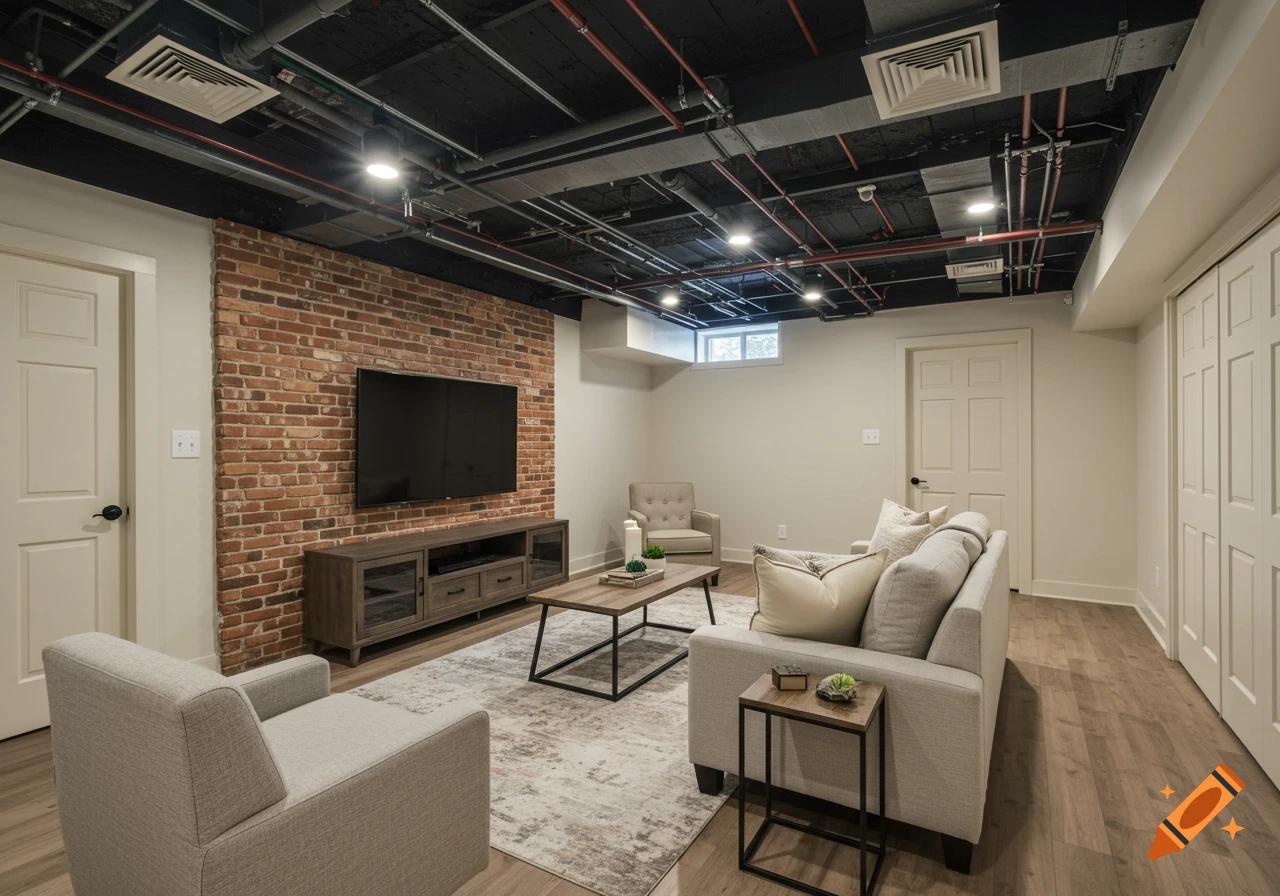 A modern basement family room with an exposed black ceiling, brick accent wall with a TV, and light-colored furniture on a rug.