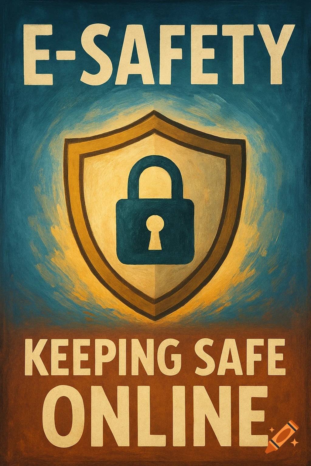 A vintage-style poster with "E-SAFETY" at the top, a large shield with a padlock in the middle, and "KEEPING SAFE ONLINE" at the bottom.