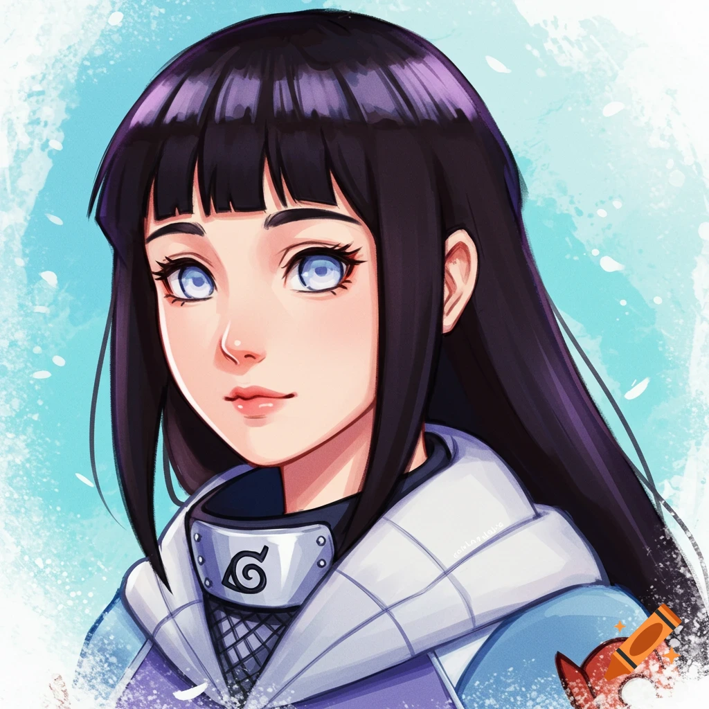 Close-up portrait of Hinata Hyuga from Naruto, an anime character with long dark hair, light eyes, and a headband with the Hidden Leaf Village symbol, in a vibrant digital art style.