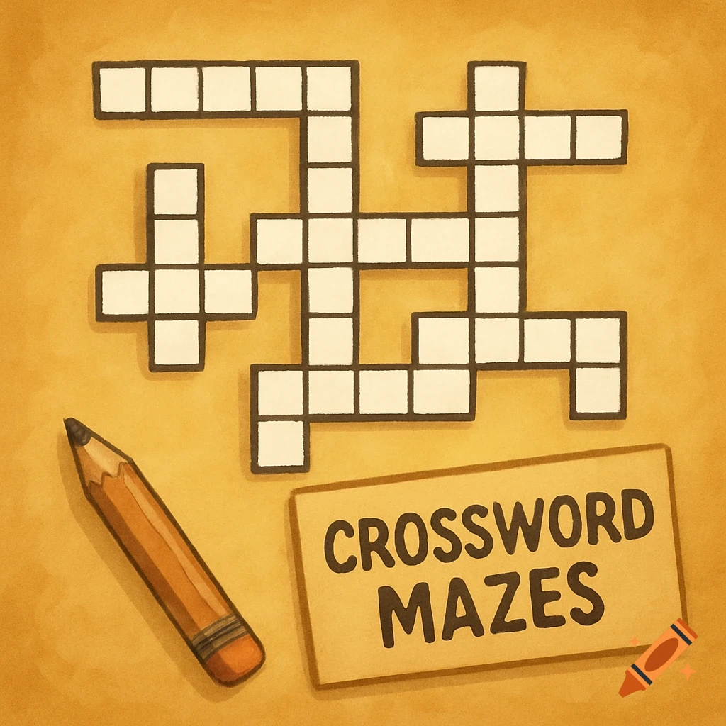 An illustration of a crossword puzzle grid, a pencil, and a sign reading 'CROSSWORD MAZES' on a textured yellow background.