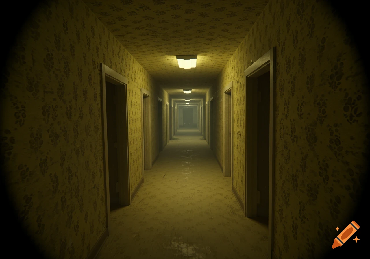 A long, dimly lit hallway with yellow patterned wallpaper and numerous doors, receding into a hazy distance under fluorescent lights.