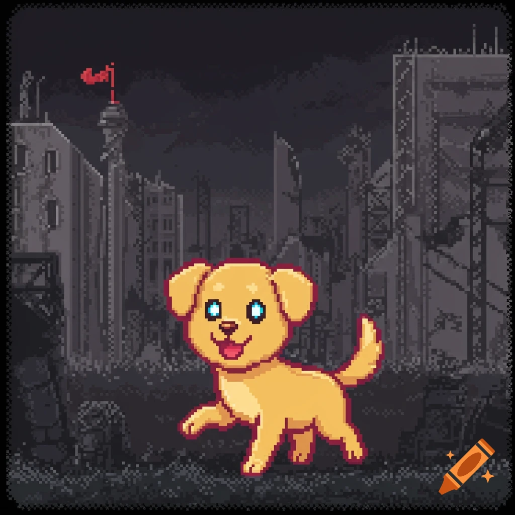 A happy, golden pixel art dog with bright blue eyes walks in a dark, dystopian cityscape.