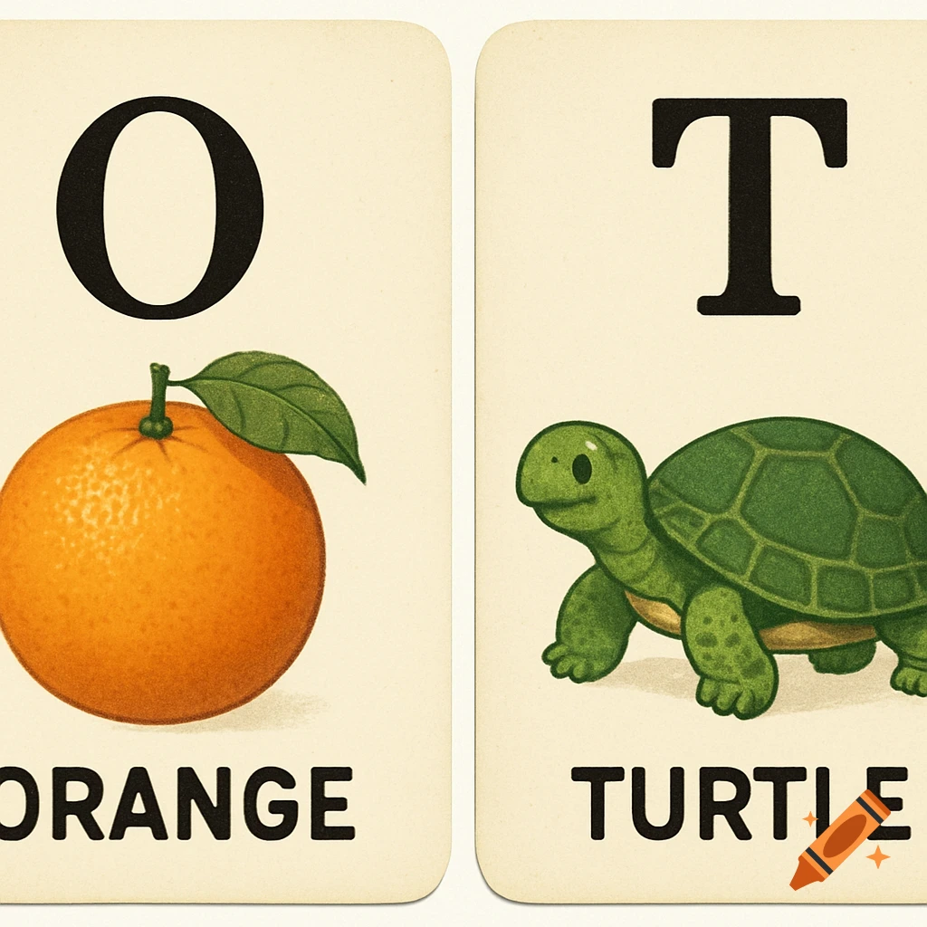 Two vintage-style alphabet cards. The left card shows a large 'O' above an orange and the word 'ORANGE'. The right card shows a large 'T' above a green turtle and the word 'TURTLE'.