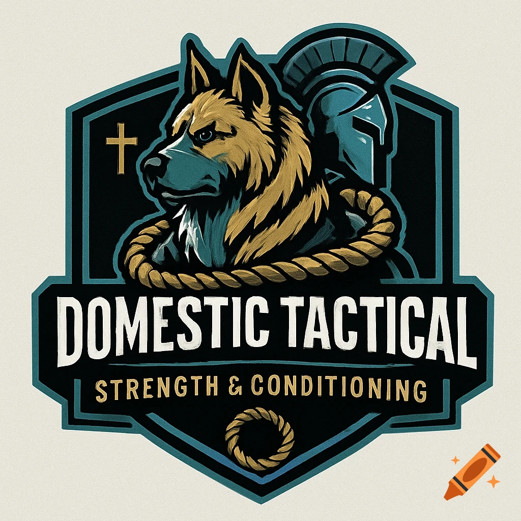 Logo in teal, gold, white, and black with a sheepdog, Spartan helmet, battle rope, Christian cross, and 'Domestic Tactical Strength & Conditioning' text.