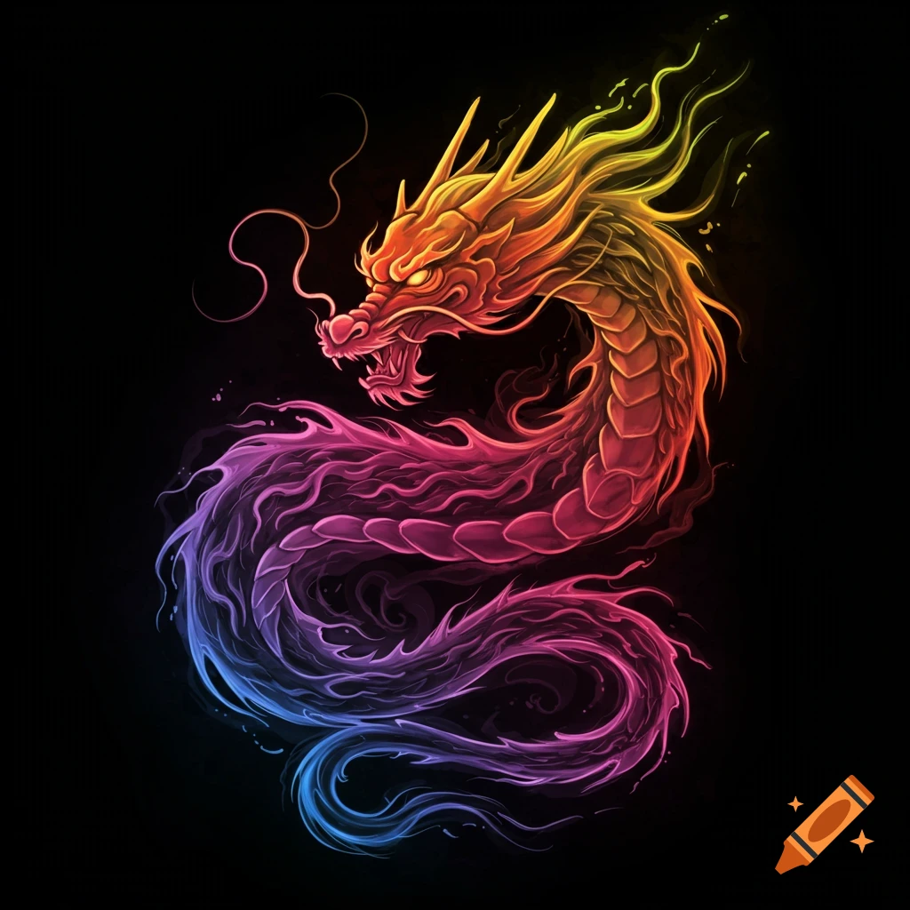 A vibrant, multi-colored abstract Chinese dragon with a smoky body against a black background.