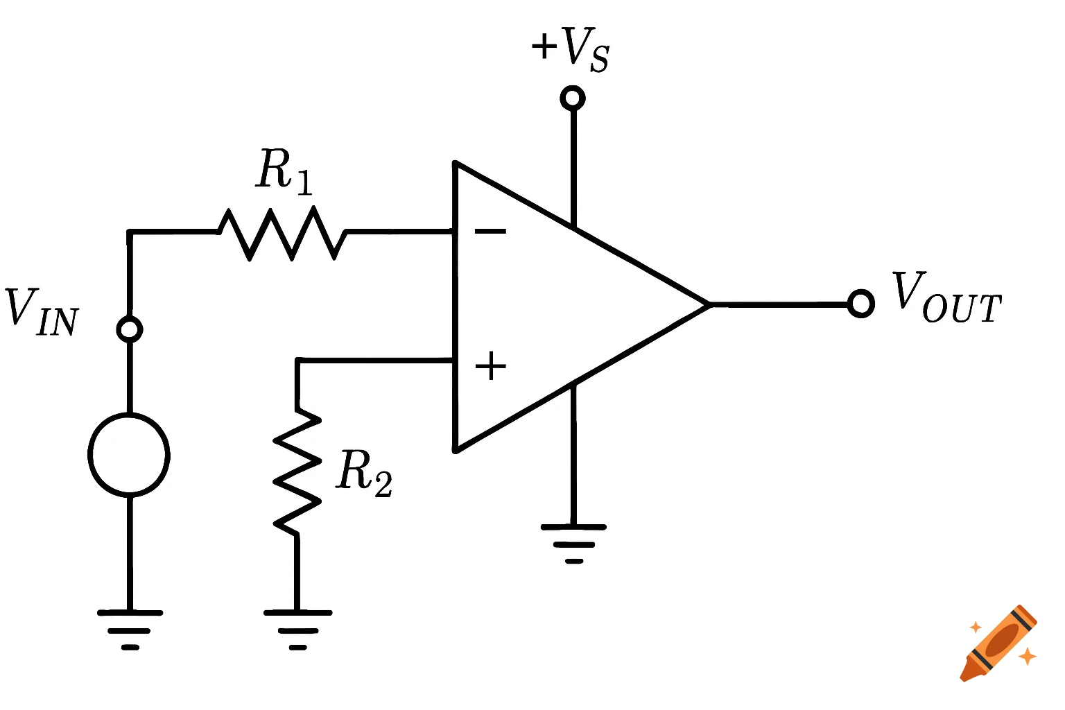 A black and white schematic diagram of an inverting operational amplifier circuit, showing input Vin, resistors R1 and R2, power supply +Vs, and output Vout.