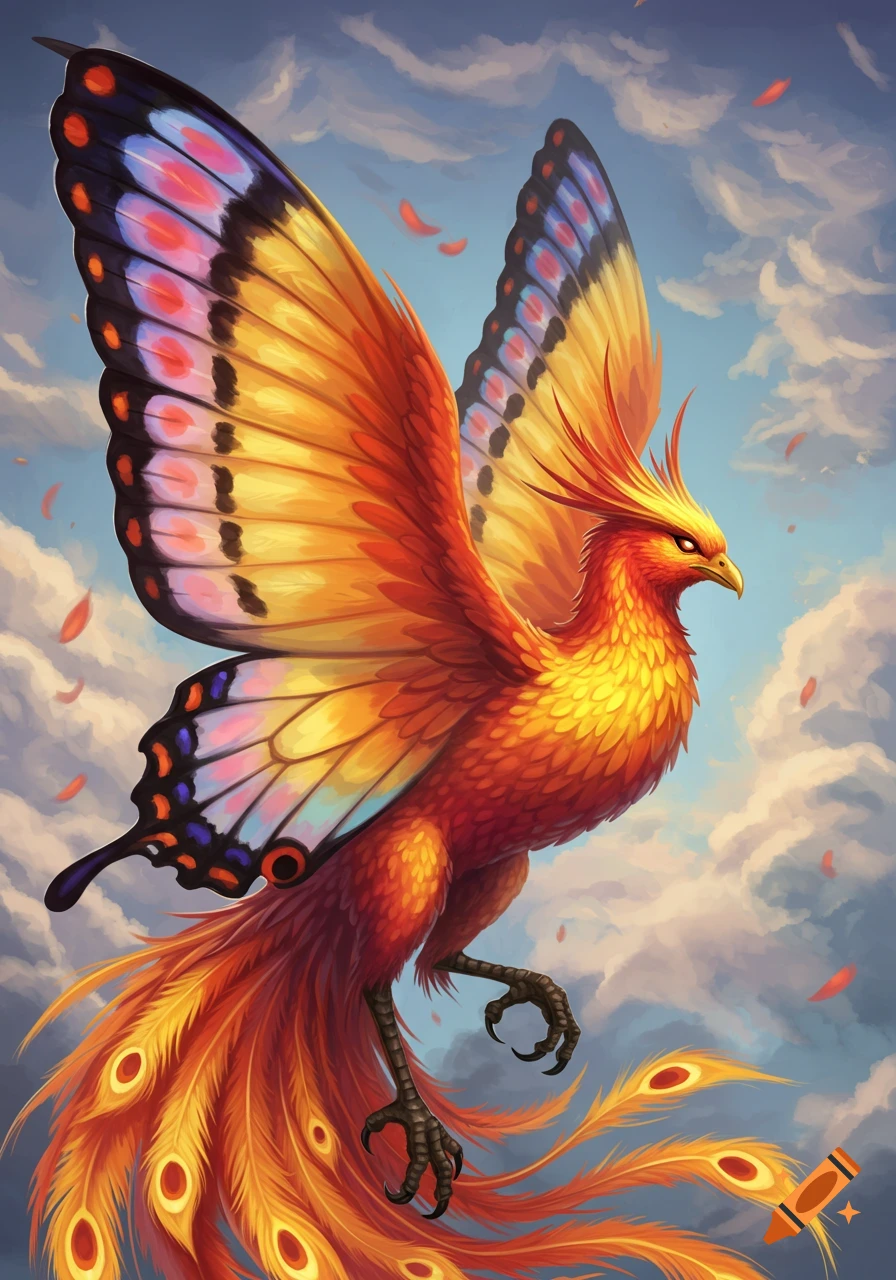 A vivid fantasy creature, part phoenix, part butterfly, with colorful wings, soaring through a cloudy sky.