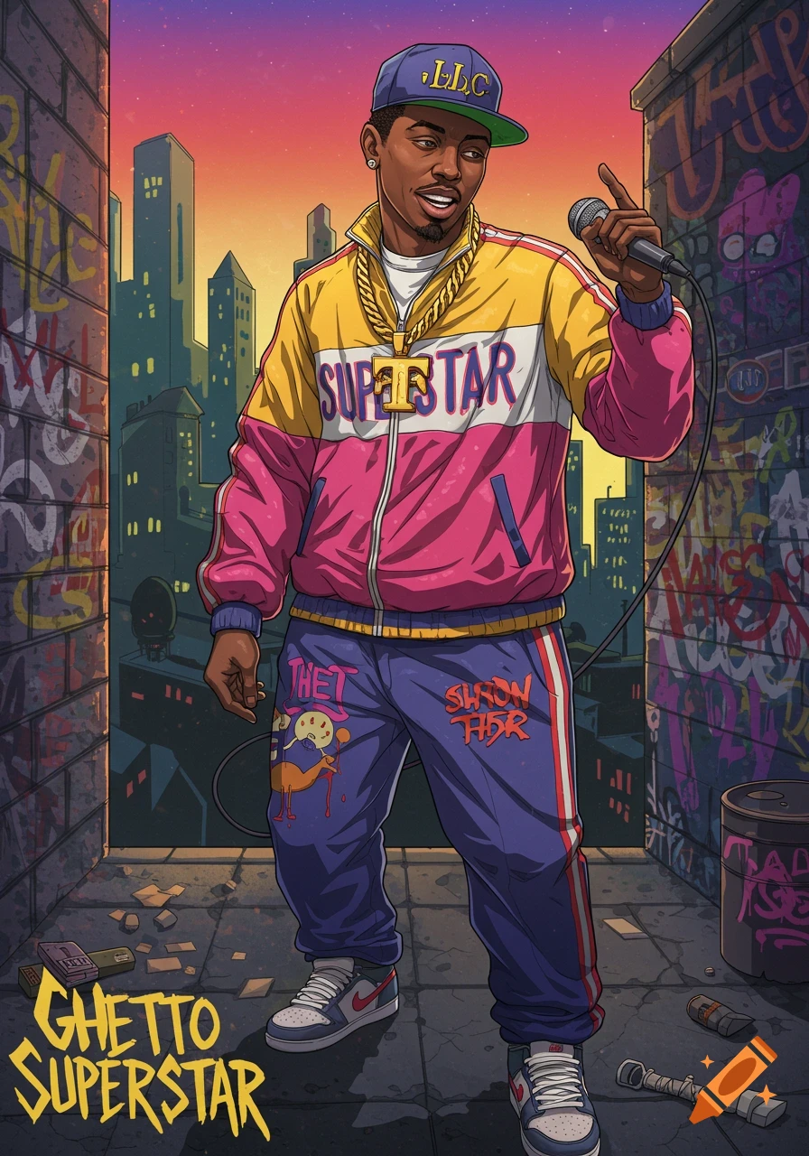 A stylized cartoon illustration of a male hip-hop artist in a colorful tracksuit, holding a microphone in an urban alley with graffiti and city buildings in the background. "Ghetto Superstar" is written in the foreground.