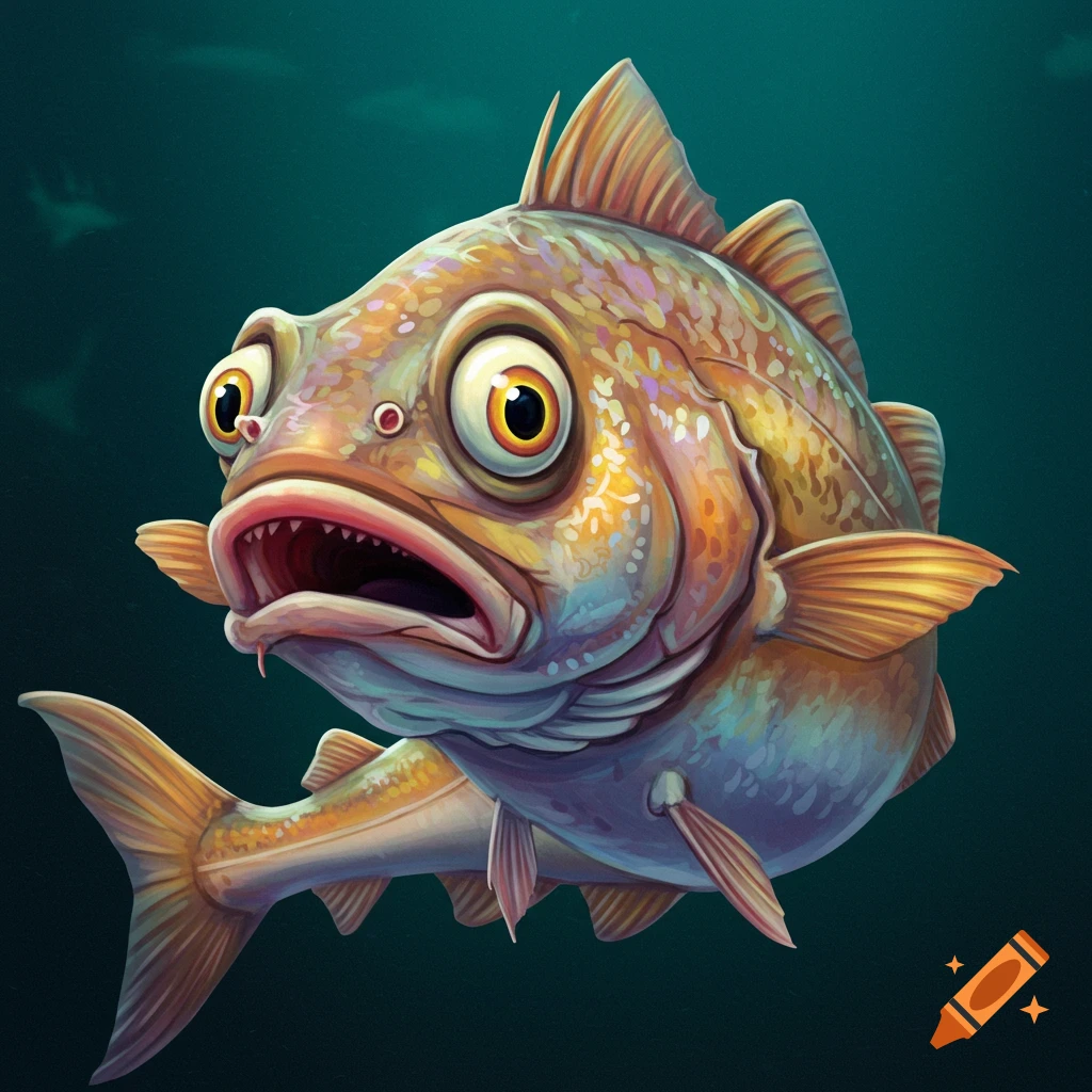 A brightly colored, wide-eyed haddock fish with its mouth agape, appearing shocked, in a vibrant illustrative style.