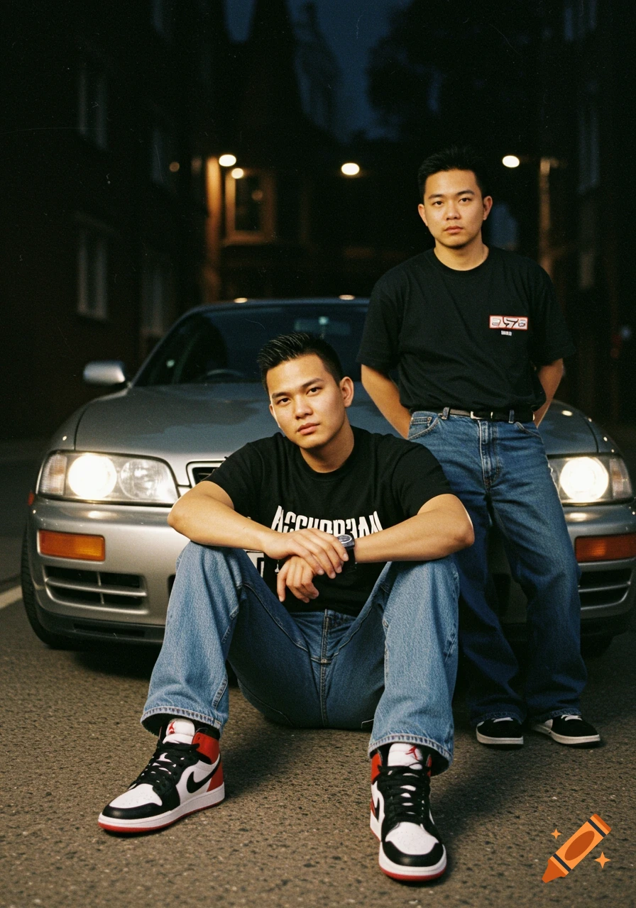 Two men pose at night in front of a silver car. One sits wearing a black t-shirt and jeans, while the other stands behind him.