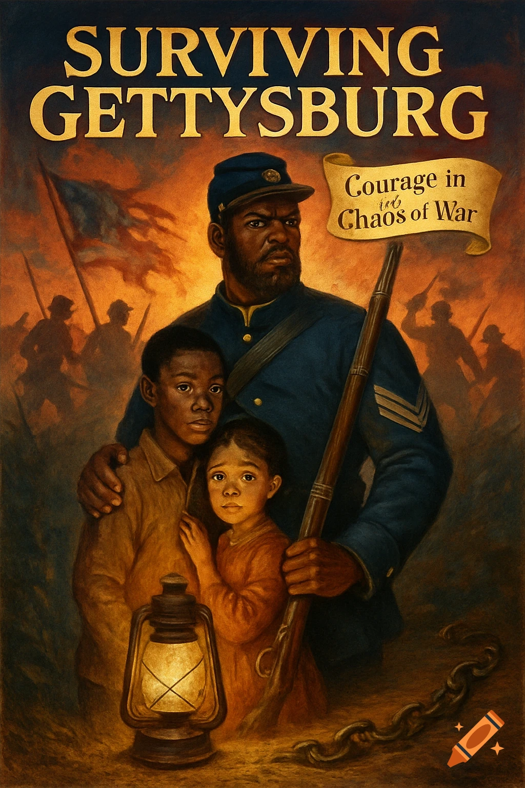 Painting of a Black Union soldier protecting two children during the Civil War, with 'Surviving Gettysburg' title.