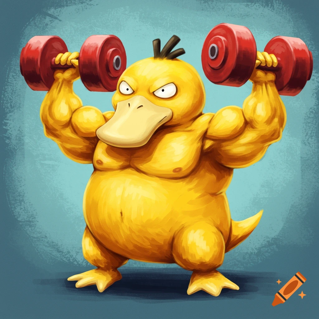 A muscular, yellow Psyduck lifts red dumbbells in a cartoonish illustration.
