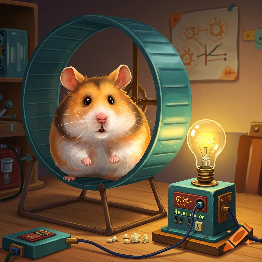 A cute hamster in a green hamster wheel connected to a light bulb ...